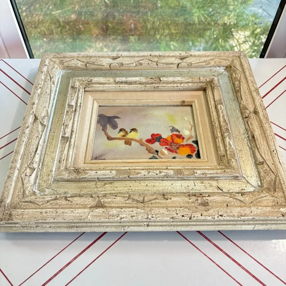 Vintage Jean Lucey Enamel on Copper Bird Art Carved Wood Frame